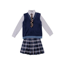 訂製藏青色女學院风針織毛衫    設計英倫風撞色V領襯衫腳撞色     藍色格子校服短裙     英倫風校服生產商    SSU-010 訂製藏青色女學院风針織毛衫    設計英倫風撞色V領襯衫腳撞色     藍色格子校服短裙     英倫風校服生產商    SSU-010